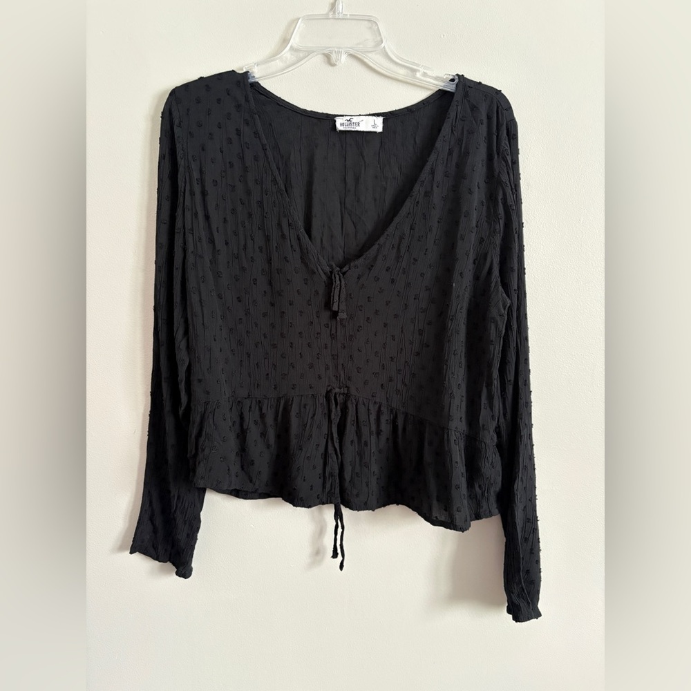 Hollister Co. Black Peplum Swiss Dot Tie Front Blouse Women’s L Boho Flowy